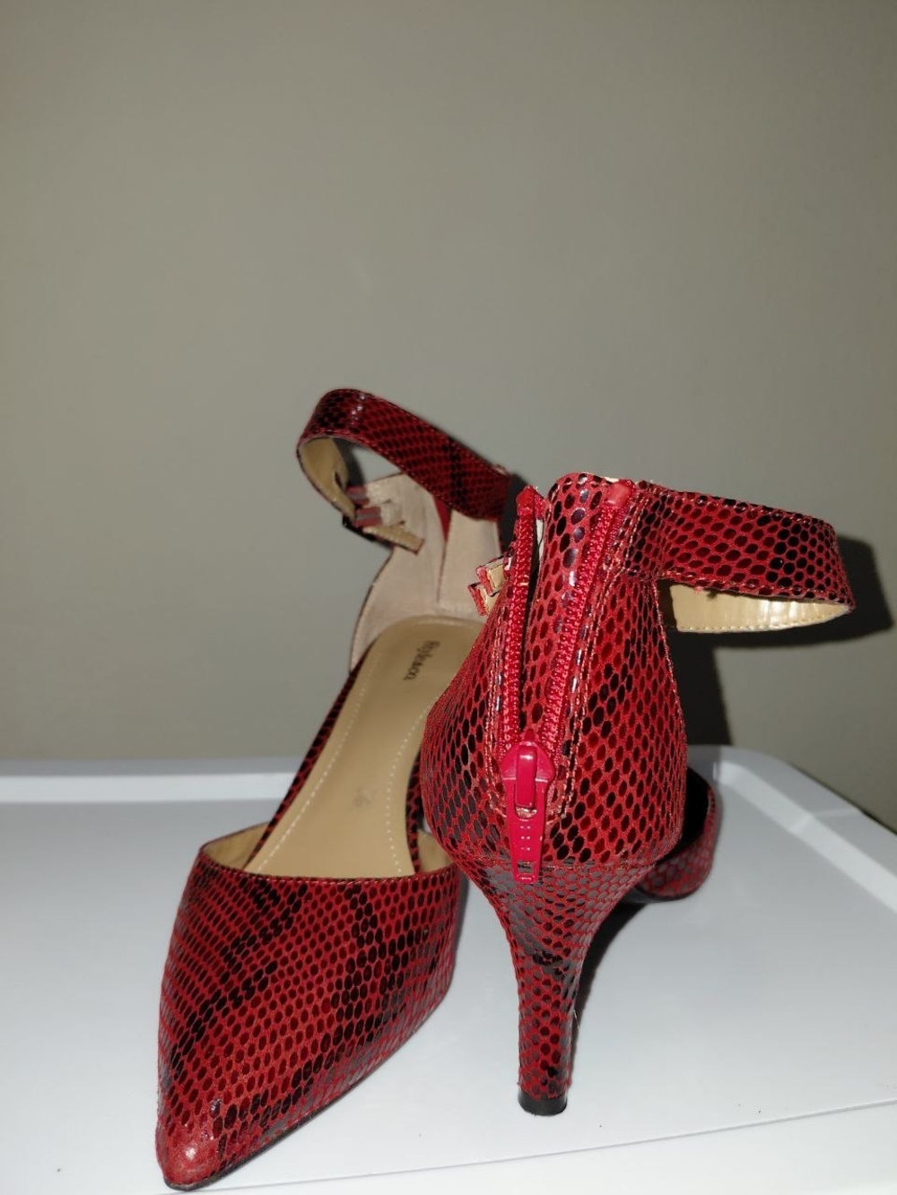 Style & Co. Red Snake-Print Pointed Toe Ankle Strap Heels